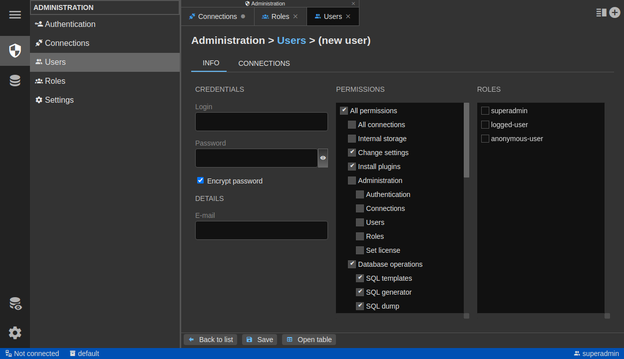 DbGate - user administration
